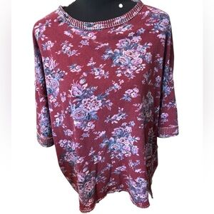 We The Free FP Oversized Womens S Floral Shirt Boho Burgundy Frayed Seams Hems
